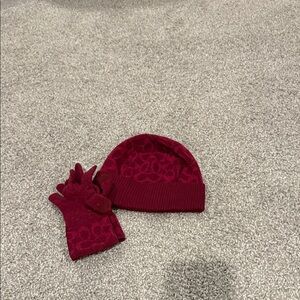 Coach Burgundy Gloves and Beanie Set